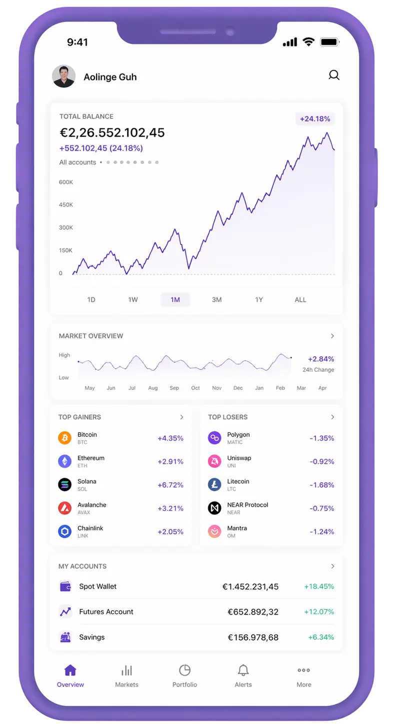 Vredovantex mobile app showing portfolio overview